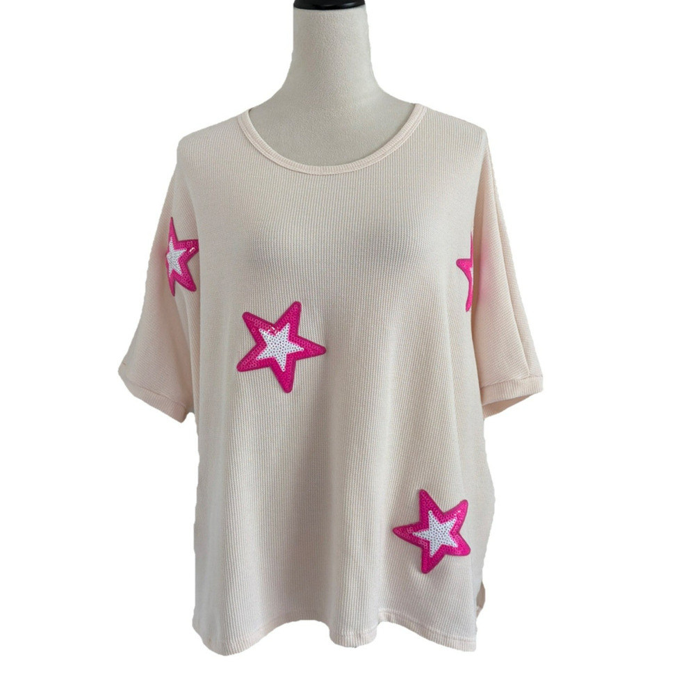 Hopely Waffle Knit Top Womens 1XL Ivory Pink Stars Short Sleeves Boxy Oversized